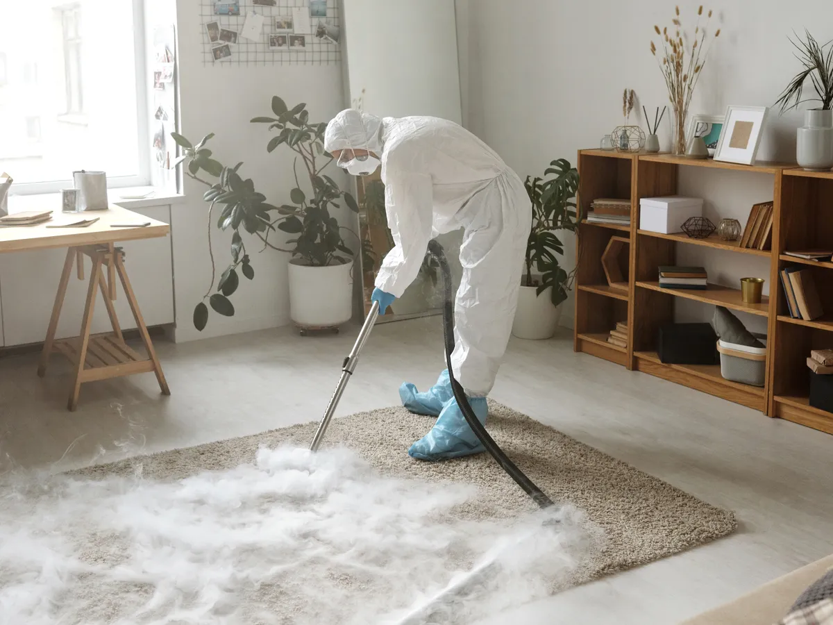 Professional cleaner vacuuming a modern home